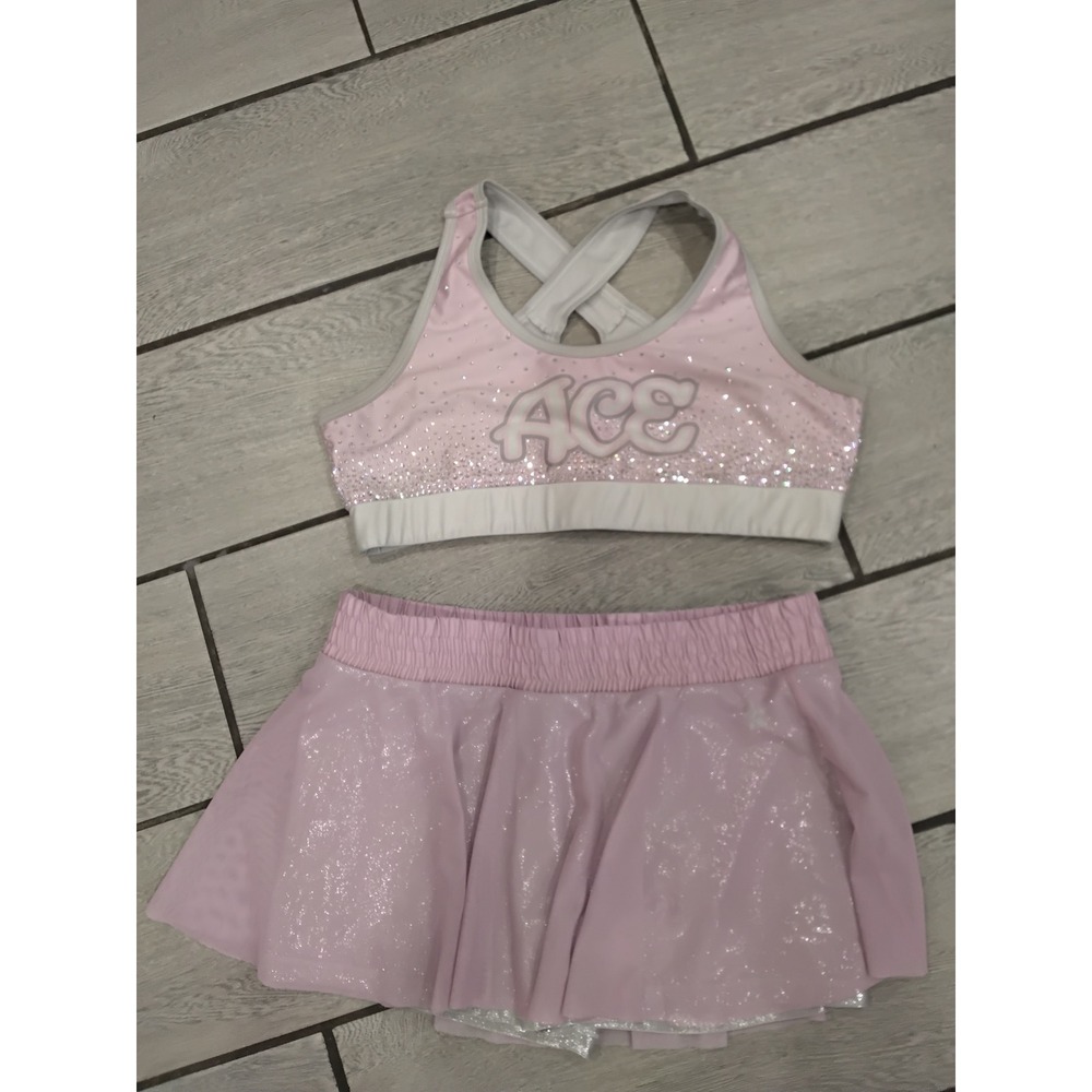 Rebel Athletic ACE Cheer Set Pink Rhinestone Top Skort Girls Size XL Skirt 2pc